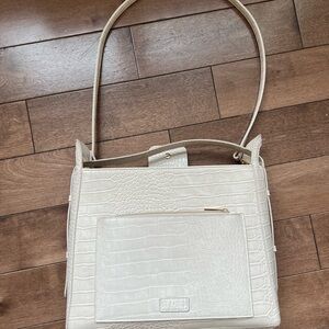 Croc-Embossed Cream Shoulder Bag with Front Zip Pocket